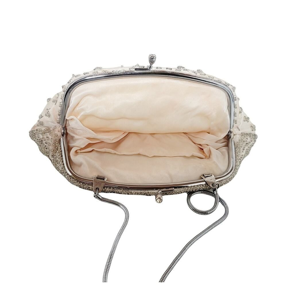 Vintage Off White Beaded Evening Formal Purse Bag Beige Metal Clasp Closure READ - Picture 7 of 12